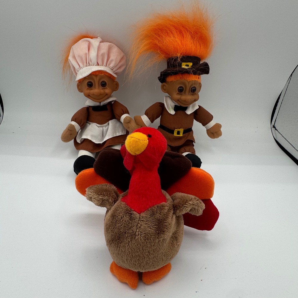 Vintage Russ Berrie Thanksgiving Troll Doll Set Pilgrim Pair Plush Turkey 90s